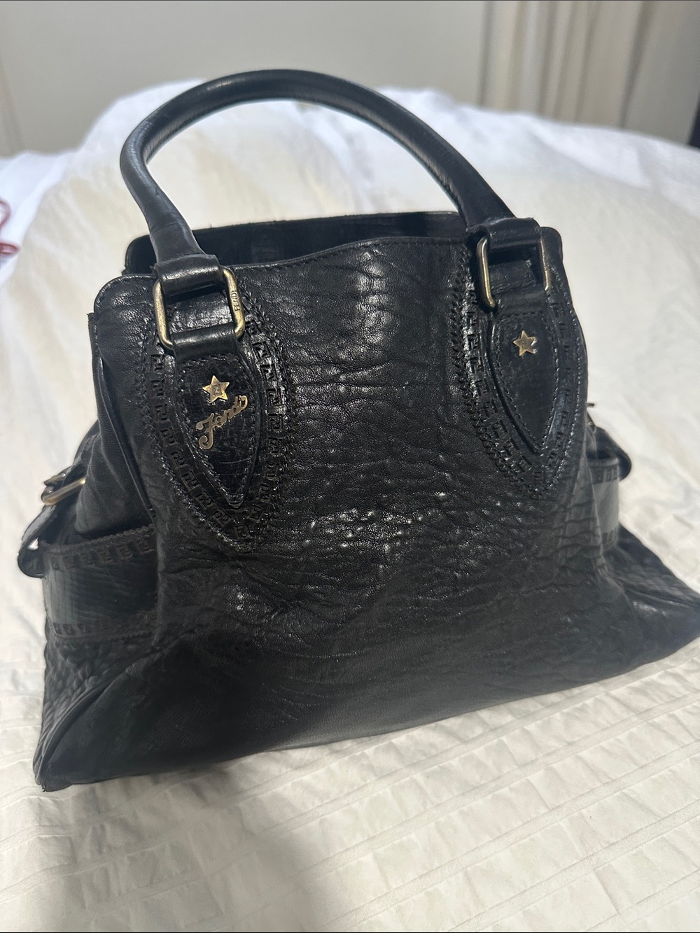 Fendi De Jour Star Black Leather Satchel Handbag